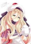  beret blonde_hair closed_mouth eyebrows_visible_through_hair gloves grey_gloves hair_between_eyes hat highres hizaka kantai_collection long_hair looking_at_viewer mole mole_under_eye pom_poms richelieu_(kantai_collection) simple_background smile solo white_background yellow_eyes 