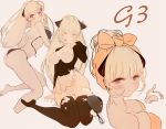  apron ass blonde_hair blue_eyes blush bra breasts character_name cleavage commentary_request finger_licking food g3_(girls_frontline) girls_frontline highres large_breasts licking long_hair maid maid_apron md5_mismatch muike multiple_views panties thighhighs towel towel_on_head underwear 