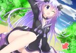  ;o absurdres adult_neptune ass ayame_shino bad_id bad_pixiv_id bare_legs black_choker black_jacket blue_sky breasts choker cloud cloudy_sky commentary_request convenient_leg crash crash_landing d-pad d-pad_hair_ornament day directional_arrow girl_on_top hair_ornament hand_behind_head hand_up highres hood hooded_jacket jacket knee_up long_hair medium_breasts multiple_girls neptune_(choujigen_game_neptune) neptune_(series) on_ground on_person one_eye_closed outdoors purple_eyes purple_hair shin_jigen_game_neptune_vii sky solo_focus striped striped_legwear tears thighhighs thighs very_long_hair 