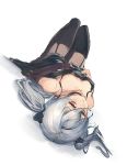  asymmetrical_gloves black_legwear breasts choker dress fingerless_gloves garter_straps gloves granblue_fantasy hair_ribbon igarashi_youhei lying on_back orchis red_eyes ribbon small_breasts solo thighhighs twintails white_hair 