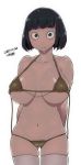  areola_slip areolae arms_behind_back ass_visible_through_thighs bangs bare_shoulders bikini black_hair blue_eyes blunt_bangs blush bob_cut breasts closed_mouth covered_nipples cowboy_shot dated huge_breasts looking_at_viewer navel original pubic_hair pubic_hair_peek short_hair signature simple_background skindentation solo standing swimsuit thighhighs tsukudani_(coke-buta) wet white_background white_legwear yellow_bikini 