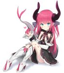  applepie_(12711019) bangs blue_eyes blush boots curled_horns detached_sleeves dragon_girl dragon_tail dress elizabeth_bathory_(fate) elizabeth_bathory_(fate)_(all) eyebrows_visible_through_hair fate/extra fate/extra_ccc fate_(series) flat_chest full_body hair_ornament hand_on_own_knee heart high_heel_boots high_heels highres horns knees_up long_hair looking_at_viewer pink_hair pointy_ears simple_background sitting smile solo tail tail_raised white_background wrist_cuffs 