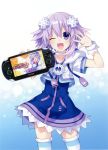  ;d absurdres blush choker d-pad d-pad_hair_ornament hair_ornament handheld_game_console highres kami_jigen_idol_neptune_pp long_hair looking_at_viewer meta multiple_girls neptune_(choujigen_game_neptune) neptune_(series) non-web_source official_art one_eye_closed open_mouth playstation_vita purple_eyes purple_hair short_hair smile striped striped_legwear thighhighs tsunako 