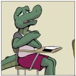  2018 alligator angie_(study_partners) anthro book clothed clothing comic crocodilian crying fangs female green_eyes heartbroken open_mouth phone reptile sad scalie sitting solo study_partners tears teeth thunderouserections young 