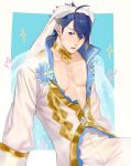  alfonse_(fire_emblem) animal_ears blonde_hair blue_eyes blue_hair blush bunny_ears fire_emblem fire_emblem_heroes gloves male_focus multicolored_hair open_mouth pectorals short_hair simple_background solo white_background zhineart 