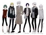  alternate_costume androgynous antarcticite bag benitoite_(houseki_no_kuni) blonde_hair blue_eyes blue_hair cairngorm_(houseki_no_kuni) character_name coat contemporary fashion full_body ghost_quartz_(houseki_no_kuni) green_eyes green_hair grey_eyes grey_hair hair_over_one_eye hand_in_pocket houseki_no_kuni jacket jewelry mina_hiragi multiple_others necklace phosphophyllite scarf shirt shoes short_hair_with_long_locks sneakers sweater t-shirt turtleneck white_eyes white_hair yellow_diamond_(houseki_no_kuni) yellow_eyes 