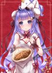  :o azur_lane bangs baozi black_ribbon blush breasts cleavage cleavage_cutout cokecoco commentary_request double_bun dress eyebrows_visible_through_hair flower_knot food hand_on_own_chest hand_up head_tilt highres holding holding_food long_hair machinery medium_breasts nose_blush on_head outstretched_arm parted_lips pelvic_curtain purple_eyes purple_hair ribbon short_sleeves side_bun solo stuffed_alicorn stuffed_animal stuffed_toy tassel unicorn_(azur_lane) very_long_hair white_dress wrist_cuffs 