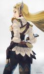  ass blonde_hair feathers gloves green_eyes long_hair looking_at_viewer otton pants pointy_ears princess_zelda smile solo the_legend_of_zelda the_legend_of_zelda:_breath_of_the_wild white_background winter_clothes 