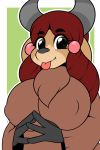  2018 anthro bovine breasts brown_hair digital_media_(artwork) female friendship_is_magic green_eyes hair hi_res horn kloudmutt looking_at_viewer mammal my_little_pony smile solo tongue tongue_out yak yona_(mlp) 