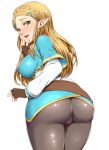  anoni-chan ass blonde_hair blush breasts commentary cowboy_shot green_eyes hand_on_own_face highres long_hair looking_at_viewer looking_back medium_breasts open_mouth pointy_ears princess_zelda the_legend_of_zelda the_legend_of_zelda:_breath_of_the_wild 