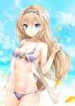  babydoll bangs beach bikini blonde_hair blue_bikini blue_eyes blush breasts closed_mouth collarbone commentary cowboy_shot day ero_waifu eyebrows_visible_through_hair granblue_fantasy hair_between_eyes hand_up jeanne_d'arc_(granblue_fantasy) long_hair looking_at_viewer medium_breasts navel outdoors see-through solo swimsuit 