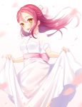  :d blush commentary_request dress hair_between_eyes hair_ribbon half_updo long_hair looking_at_viewer love_live! love_live!_sunshine!! moyui_(myi_005) open_mouth petals pink_ribbon red_hair ribbon sakurauchi_riko short_sleeves skirt_hold smile solo white_background yellow_eyes 