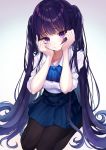  absurdres commentary_request eyebrows_visible_through_hair hands_on_own_face highres hor long_hair original pantyhose purple_eyes purple_hair ribbon skirt twintails uniform 