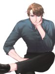  1boy black_footwear black_pants blue_eyes blue_shirt brown_hair hand_on_own_cheek hsmoji invisible_chair legs_crossed light_smile looking_at_viewer male_focus original pants shirt shoes simple_background sitting solo white_background 
