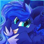  2018 blue_background blue_feathers blue_hair bust_portrait cute equine eyelashes feathered_wings feathers female feral friendship_is_magic fur hair hiccupsdoesart hooves horn icon looking_at_viewer mammal my_little_pony open_mouth open_smile portrait princess_luna_(mlp) simple_background smile solo teal_eyes teeth tongue winged_unicorn wings 