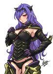  absurdres airisubaka armor blush breasts camilla_(fire_emblem_if) camilla_(fire_emblem_if)_(cosplay) cleavage cosplay elbow_gloves fire_emblem fire_emblem_if gloves highres horns iris_heart large_breasts long_hair looking_at_viewer neptune_(series) panties power_symbol purple_hair red_eyes solo symbol-shaped_pupils underwear very_long_hair 