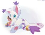  ancesra butt butt_focus claws clothing digimon feline female fur gatomon gloves looking_at_viewer mammal simple_background solo whiskers white_fur 