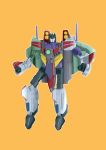  absurdres arm_cannon awdh8375 cannon commentary_request decepticon full_body gradient gradient_background green_eyes highres looking_at_viewer no_humans orange_background simple_background smile solo starscream transformers transformers_energon transformers_superlink weapon 
