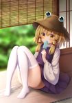  ass blonde_hair blurry blurry_background brown_hat commentary_request eyebrows_visible_through_hair food hair_between_eyes hair_ribbon hat highres holding holding_food indoors knees_together_feet_apart knees_up long_sleeves looking_at_viewer moriya_suwako no_shoes panties popsicle purple_skirt purple_vest red_ribbon ribbon shadow short_hair sidelocks sitting skirt solo suigetsu_(watermoon-910) thighhighs touhou underwear vest white_legwear white_panties wide_sleeves yellow_eyes 