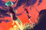  ahoge androgynous clipboard cloud dusk dutch_angle gem_uniform_(houseki_no_kuni) grass green_eyes green_hair houseki_no_kuni looking_at_viewer mercury multiple_others outdoors phosphophyllite red_eyes red_hair red_sky scenery shinsha_(houseki_no_kuni) short_hair sky sunset suppo_(rikusuppo) 