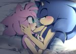  amy_rose anthro anthro_on_anthro bed blush docter-koda duo female hedgehog lying male male/female mammal on_bed on_side signature sonic_(series) sonic_the_hedgehog video_games 