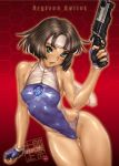  ass ass_visible_through_thighs breasts brown_hair comic_anthurium covered_nipples dark_skin fingerless_gloves forehead_protector gloves green_eyes gun handgun highleg highleg_leotard highleg_swimsuit highres holding holding_gun holding_weapon leotard looking_at_viewer medium_breasts nipples one-piece_swimsuit open_mouth partially_visible_vulva pistol revolver shiny shiny_skin shirou_masamune short_hair sleeveless swimsuit thighs weapon 