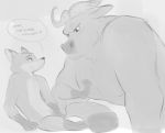  2017 angry anthro big_muscles bovine buffalo canine cape_buffalo chief_bogo clothing covering covering_crotch dialogue disney duo english_text fox grey_background greyscale hi_res male mammal monochrome muscular muscular_male nick_wilde pubes seductive simple_background sitting text tohfu zootopia 