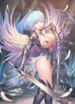  1girl :o armored_boots blue_hair boots breasts cleavage dual_wielding feathered_wings gauntlets holding holding_sword holding_weapon large_breasts looking_at_viewer nipples original revealing_clothes rinmmo short_hair standing sword thighs weapon white_feathers wings 