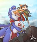  armor big_breasts black_hair blue_eyes breasts canine cape clothing dragon fantasy feathers female fox hair huge_breasts licking loincloth mammal melee_weapon mountain omny87 oral_vore pasties purple_eyes soft_vore sword tongue tongue_out unconvincing_armor vore weapon ych 