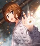  aran_sweater brown_eyes brown_hair bullet curled_fingers dutch_angle kinuhata_saiai looking_at_viewer mikomiko_(mikomikosu) open_mouth short_hair solo sweater to_aru_kagaku_no_railgun to_aru_majutsu_no_index upper_body white_sweater 