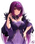  adjusting_hair bangs bare_shoulders blush breasts capelet cleavage commentary covered_navel detached_collar dress eyebrows_visible_through_hair fate/grand_order fate_(series) fur_trim hair_between_eyes hand_on_hip headpiece jewelry large_breasts long_hair long_sleeves looking_at_viewer okitakung pendant purple_dress purple_hair red_eyes scathach_(fate)_(all) scathach_skadi_(fate/grand_order) simple_background solo tiara upper_body white_background wide_sleeves 