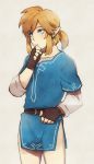 bangs belt blonde_hair blue_eyes fingerless_gloves gloves layered_clothing link long_sleeves male_focus pointy_ears ponytail solo the_legend_of_zelda the_legend_of_zelda:_breath_of_the_wild thinking tunic yuma_(zero) 