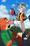  2018 akiric anthro belt bulletproof_vest canine car clitoris clothed clothing cloud dipstick_ears disney duo english_text eye_contact female fox gloves_(marking) green_eyes half-closed_eyes hand_on_hip hat holding_object inside_car judy_hopps lagomorph male mammal markings necktie nick_wilde outside panties pants_down partially_clothed police_uniform presenting presenting_pussy purple_eyes pussy rabbit safety_vest sitting spread_legs spreading standing text tree underwear uniform vehicle zootopia 