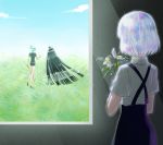  absurdly_long_hair androgynous black_hair blue_sky bort diamond_(houseki_no_kuni) flower from_behind gem_uniform_(houseki_no_kuni) golden_arms grass green_hair houseki_no_kuni long_hair multicolored_hair multiple_others phosphophyllite rainbow_hair short_hair sky sparkle suspenders umetofu very_long_hair window 