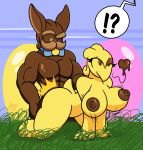  2018 abs all_fours anthro avian biceps big_breasts bird breasts butt candy chicken chocolate clothing digital_media_(artwork) doggystyle duo easter egg female food food_creature from_behind_position hi_res holidays lagomorph male male/female mammal mr.ink_(artist) muscular muscular_male nipples nude pecs peeps rabbit sex simple_background smile 