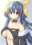  1girl bangs bare_shoulders black_choker blue_hair blush breasts choker cleavage closed_mouth collarbone commentary_request detached_sleeves dizzy eyebrows_visible_through_hair gradient gradient_background guilty_gear hair_between_eyes hair_ribbon hair_rings juliet_sleeves large_breasts long_hair long_sleeves looking_at_viewer puffy_sleeves red_eyes revealing_clothes ribbon ritacoeri signature sketch solo twintails upper_body yellow_ribbon 