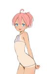  :d ahoge arms_behind_back bikini blue_eyes contrapposto copyright_request cowboy_shot facial_tattoo flat_chest grey_bikini heart_tattoo looking_at_viewer one-piece_tan open_mouth pink_hair sketch smile solo standing swimsuit tan tanline tattoo tim_loechner 