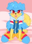  anthro blue_fur blue_hair blush canid canine canis child claralaine clothing cub dog fur hair hoodie male mammal red_eyes shorts solo tongue tongue_out yellow_fur young 