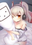  ayanami_(azur_lane) azur_lane bandaid_on_arm bangs bare_shoulders bed blush breasts closed_mouth collarbone commentary_request eyebrows_visible_through_hair hair_between_eyes headgear headphones light_brown_hair long_hair looking_at_viewer medium_breasts niconico no_shoes off-shoulder_shirt on_bed one_eye_closed pillow pillow_hug ponytail seiza shirt short_sleeves sitting solo terebi-chan thighhighs white_legwear white_shirt wide_sleeves yukiyuki_441 