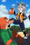  2018 akiric anthro belt bulletproof_vest canine car clothed clothing cloud dipstick_ears disney duo english_text eye_contact female fox gloves_(marking) green_eyes half-closed_eyes hand_on_hip hat holding_object inside_car judy_hopps lagomorph male mammal markings necktie nick_wilde outside police_uniform purple_eyes rabbit safety_vest sitting standing text tree uniform vehicle zootopia 