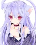  animal_ears bad_id bad_pixiv_id bangs bare_shoulders blush breasts cat_ears cat_girl cat_tail choker collarbone commentary_request downblouse dress eyebrows_visible_through_hair hair_between_eyes long_hair looking_at_viewer nanase_nao off-shoulder_dress off_shoulder original parted_lips purple_choker purple_dress purple_eyes purple_hair simple_background small_breasts solo tail tail_raised twitter_username very_long_hair white_background 