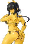  :3 adjusting_clothes ass back bikini black_bikini black_hair blush closed_mouth contrapposto covered_eyes fingernails from_behind hair_over_eyes hair_ribbon hand_up horns long_hair looking_at_viewer looking_back muscle muscular_female nail_polish oni oni_horns original pointy_ears ponytail ribbon sharp_fingernails side-tie_bikini simple_background skj solo standing swimsuit white_background white_nails white_ribbon yellow_skin 