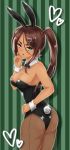  ahagon_umiko animal_ears ass bare_shoulders breasts brown_hair bunny_ears bunny_girl bunny_tail bunnysuit cleavage dark_skin fake_animal_ears green_eyes hair_tie hand_up heart highres long_hair looking_back medium_breasts namakotaic new_game! ponytail simple_background solo striped tail thick_eyebrows vertical_stripes wrist_cuffs 