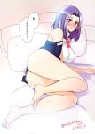  :o ass bare_shoulders barefoot bed blush breasts dated eyebrows_visible_through_hair feet full_body highres kantai_collection large_breasts looking_at_viewer lying masago_(rm-rf) on_bed on_side panties pillow purple_eyes purple_hair short_hair sketch soles tatsuta_(kantai_collection) translation_request twitter_username underwear white_panties 