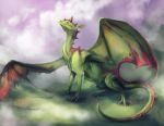  2017 ambiguous_gender claws detailed_background digital_media_(artwork) dragon feral green_scale laurelhach23 membranous_wings scalie sitting solo spines western_dragon wings 