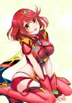  :d armor bangs between_legs breasts fingerless_gloves gloves hair_ornament hand_between_legs homura_(xenoblade_2) large_breasts looking_at_viewer nanami_kazusa open_mouth red_eyes red_hair red_legwear red_shorts short_hair short_shorts shorts sitting smile solo swept_bangs thighhighs tiara v_arms wariza xenoblade_(series) xenoblade_2 