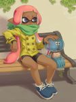  bangs belt belt_buckle bench bike_shorts black_shorts blue_footwear blunt_bangs breasts buckle buttons coat dark_skin domino_mask double-breasted eyebrows full_body grass green_scarf hand_on_another's_head hand_on_another's_leg inkling jellyfish_(splatoon) knees_apart_feet_together leaf long_hair long_sleeves looking_away mask natto_soup pink_hair pointy_ears purple_eyes scarf shoelaces shoes shorts sitting small_breasts sneakers splatoon_(series) splatoon_1 tentacle_hair yellow_belt yellow_coat 
