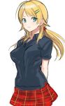  black_shirt blonde_hair blue_eyes breasts closed_mouth commentary cowboy_shot eyebrows_visible_through_hair hachimiya_meguru hair_ornament hairclip idolmaster idolmaster_shiny_colors large_breasts long_hair looking_at_viewer low_twintails red_skirt shirt skirt smile solo standing tetsu_(kimuchi) twintails 
