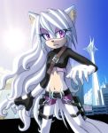  ann-jey belt city clothed clothing ear_piercing female fingerless_gloves gloves gun hair handgun hedgehog hegehog holsters jen-jen21 leather leather_belts looking_at_viewer makeup mammal piercing pistol purple_eyes ranged_weapon rubber skimpy solo spandex tight_clothing weapon white_fluff white_hair 