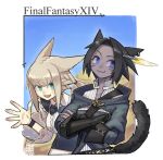  :3 :d animal_ears black_bow black_hair blonde_hair blue_sky bow breasts cat_ears cat_tail closed_mouth commentary copyright_name crossed_arms day earrings feathers final_fantasy final_fantasy_xiv fingernails green_eyes hair_feathers highres jacket jewelry large_breasts long_sleeves miqo'te multiple_girls open_mouth outdoors purple_eyes short_hair signature sky smile tail tostantan waving whisker_markings wing_collar wristband 
